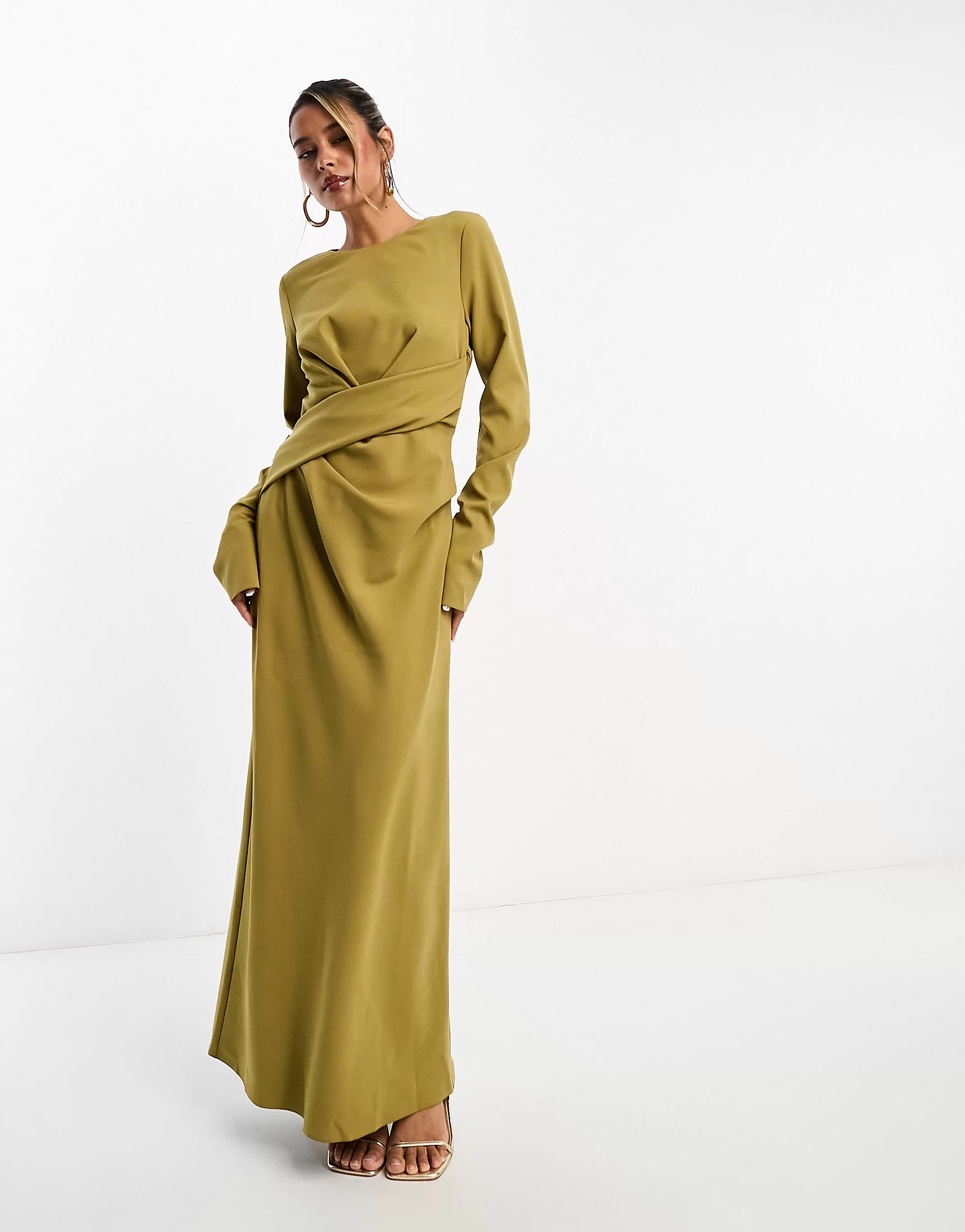 ASOS DESIGN long sleeve draped maxi dress with sleeve detail in gold | ASOS (Global)