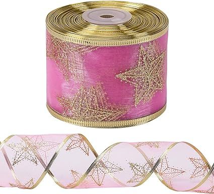 LaRibbons Wired Christmas Holiday Ribbon - Blush Pink Swirl Sheer Glitter Ribbon - 2.5 inch x 25 ... | Amazon (US)