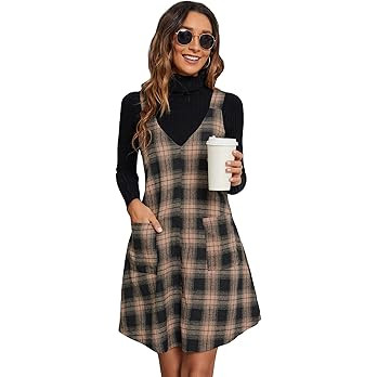 Milumia Women's Casual Plaid V Neck Sleeveless Overall Pinafore Dress with Pocket | Amazon (US)
