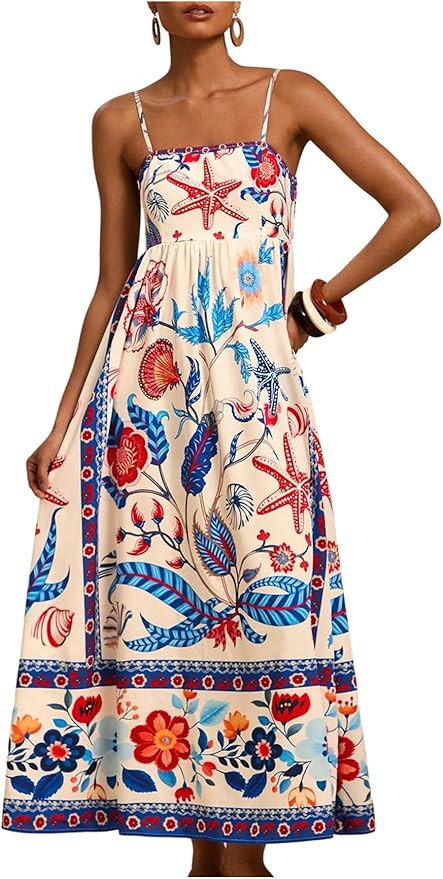 Floerns Women's Spaghetti Strap Tropical Dress Shirred Vacation Cami Maxi Dress | Amazon (US)