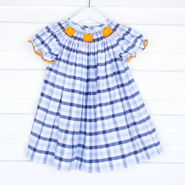 Pumpkin Smocked Blue Plaid Dress | Classic Whimsy