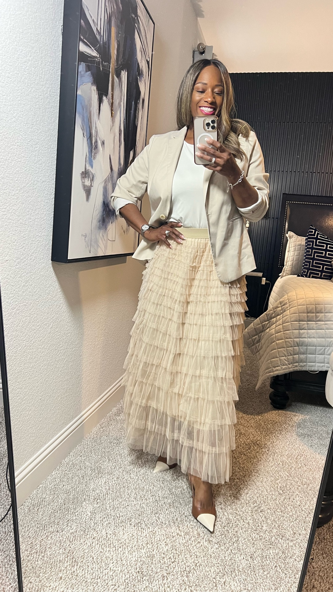 This look is giving corporate chic meets feminine flair—a tailored blazer paired with a tiered tulle skirt for that perfect balance of power and polish. 

business casual workwear

#LTKMidsize #LTKOver40 #LTKootd