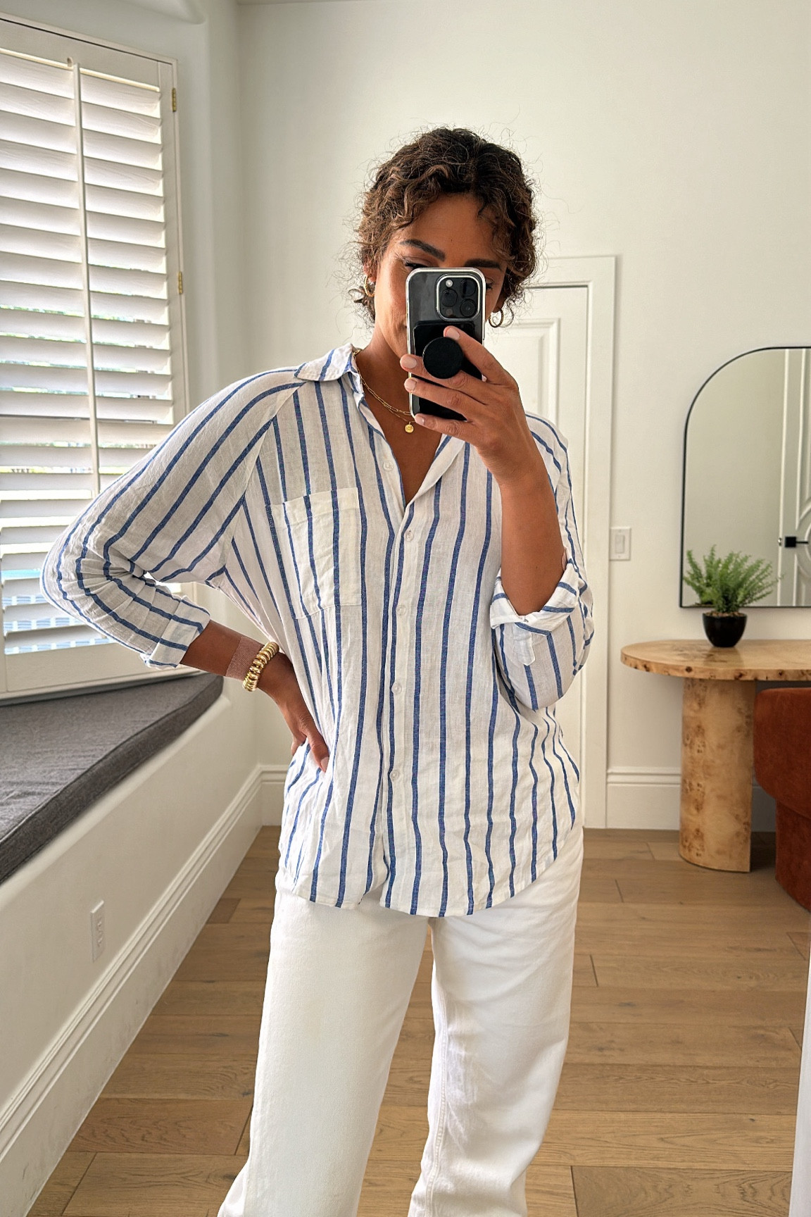 Casual ootd. Lightweight striped button down paired with white denim for an easy effortless warm weather look. All fit true to size.

#LTKover40 #LTKstyletip #LTKfindsunder100