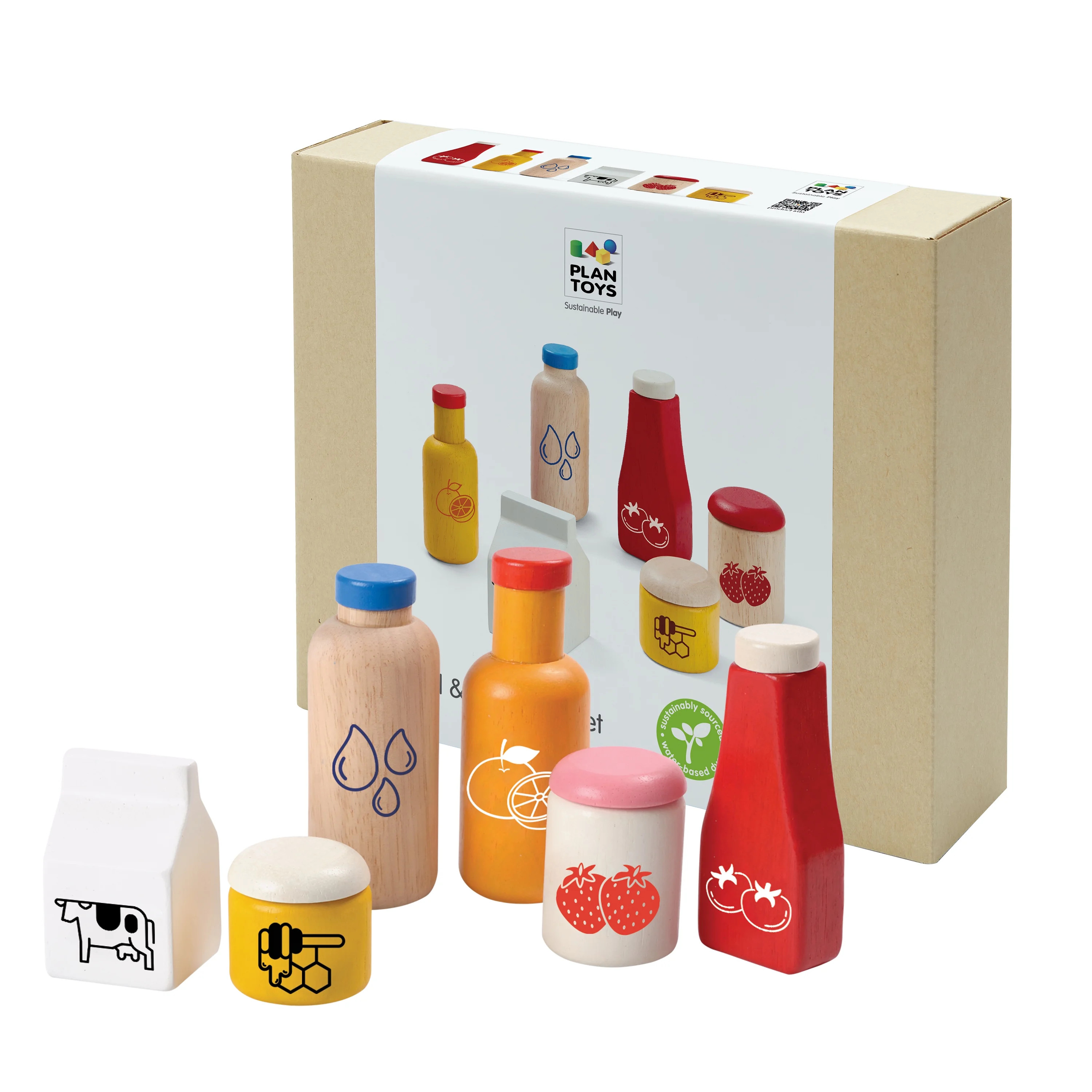 PlanToys® Wooden Food & Beverage Pretend Play Set | Montessori Kitchen Toys for Toddlers & Kids ... | Walmart (US)