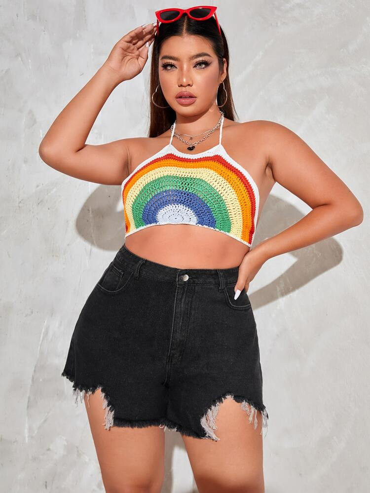 Plus Rainbow Pattern Backless Crop Halter Top With Asymmetrical Hem Shorts | SHEIN