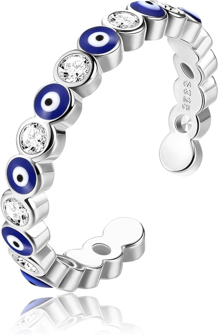 Adramata 925 Sterling Silver Rings for Women Silver Evil Eye Ring 18K White Gold Plated Blue Evil... | Amazon (UK)