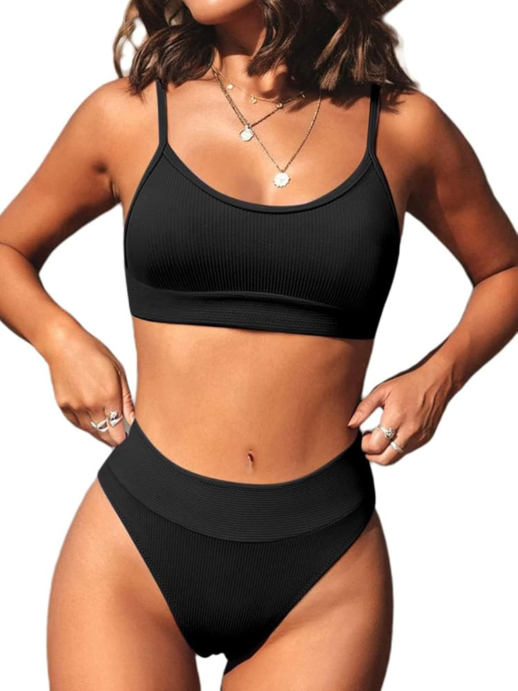 Hilinker Women's Ribbed Knit Bikini Swimsuits High Waisted 2 Piece Bathing Suit | Amazon (US)