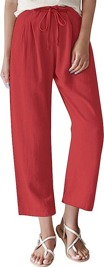 UNibelle Women Cotton Linen Pants Casual Drawstring Elastic Waist Beach Trousers | Amazon (US)