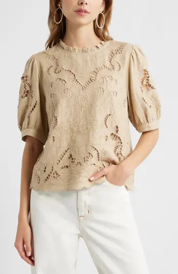 Embroidered Cutwork Puff Sleeve Linen Blend Top | Nordstrom