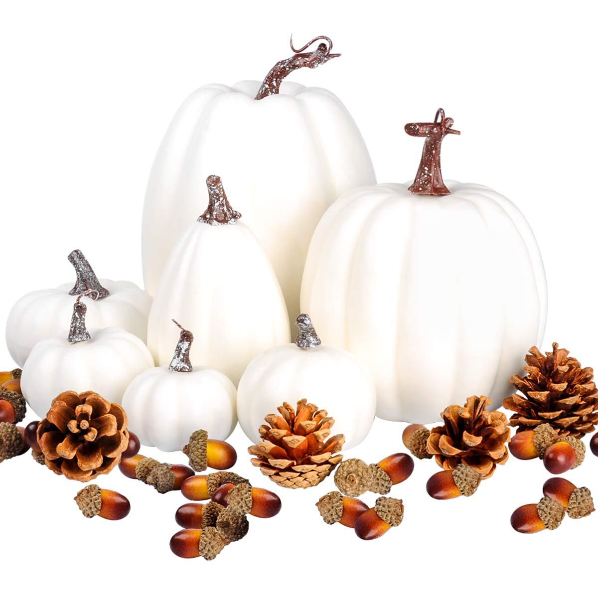 7 pcs Assorted Sizes White Artificial Pumpkins Faux Foam Autumn Pumpkins with 24 pcs Acorns and 4 pc | Amazon (US)