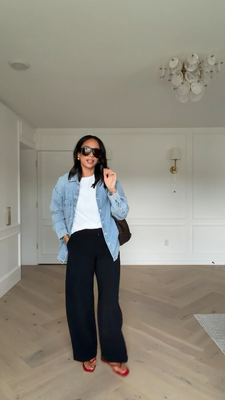Casual summer outfit! These barrel pants can easily be dressed up or down. Paired with my favorite white tee and denim shirt - must have closet staples! Wearing size S white tee, size S denim shirt (color: 7 yrs pctr ths bleu) and size 6 pants 

chic summer outfit, barrel pants, summer fashion, casual outfit, travel outfit, airport outfit, errands outfit