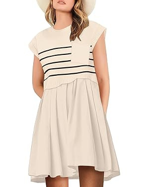 Womens Dresses Striped Knit Top Pleated Loose Swing Mini Short Sleeve Dress 2024 Trendy | Amazon (US)