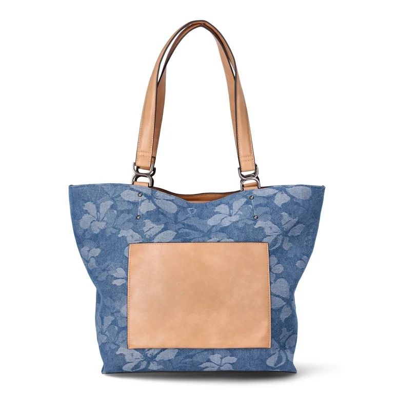 Time and Tru Women's Raya Denim Tote Bag, Floral Denim - Walmart.com | Walmart (US)