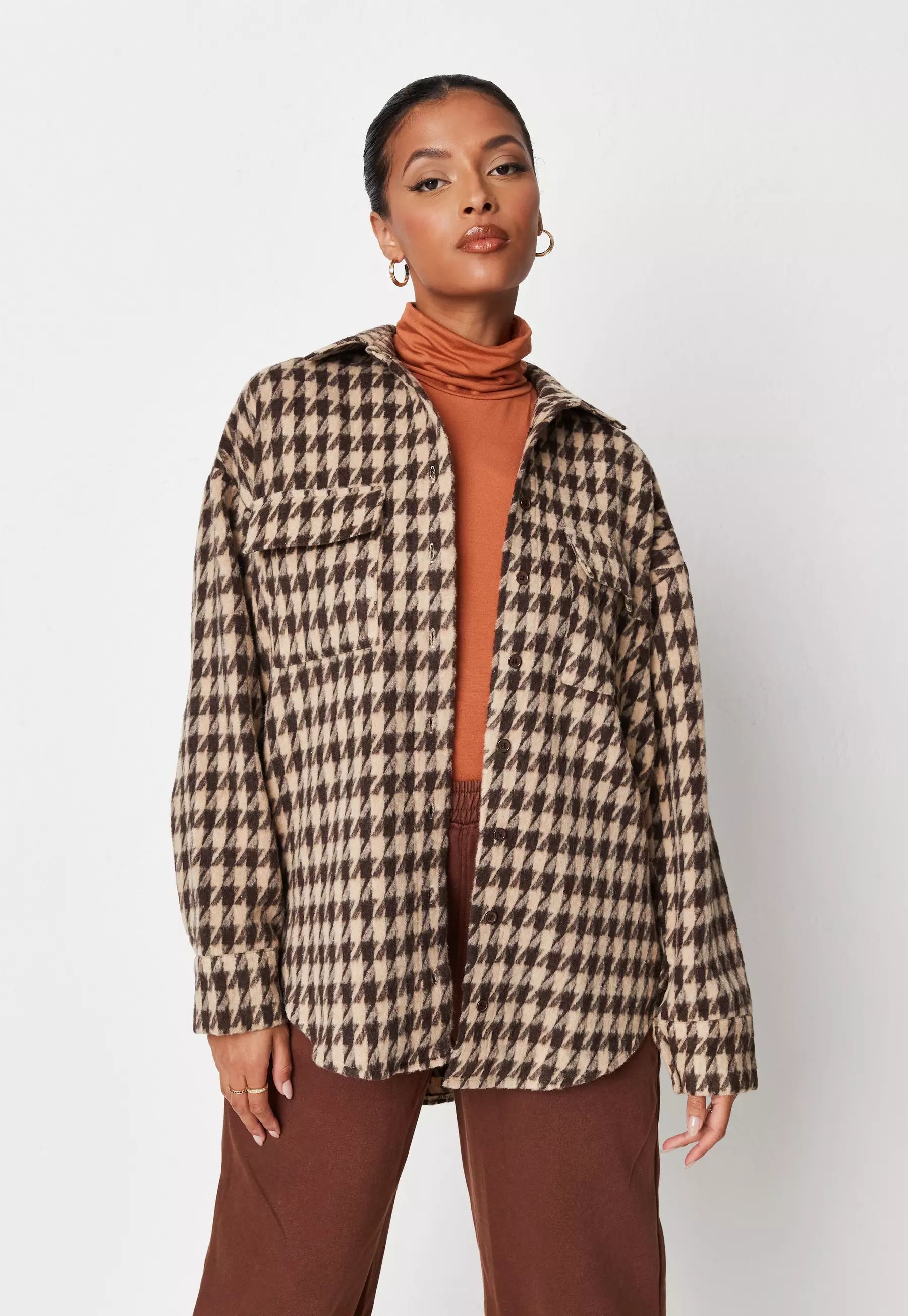 Missguided - Brown Brushed Houndstooth Shacket | Missguided (US & CA)