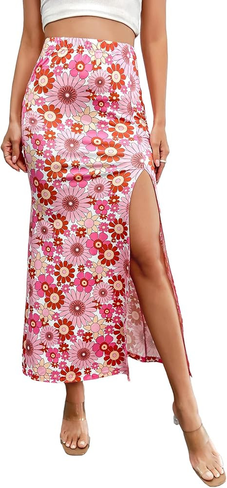 Verdusa Women's Solid Color High Waist Slit Skirt Floral Skirt Outfit Pink Midi Skirt Outfit | Amazon (US)