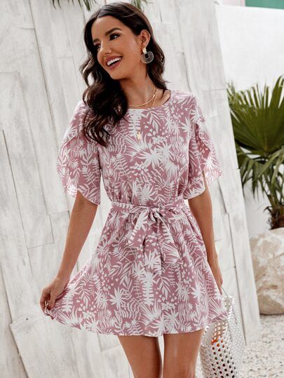 Tropical Print Petal Sleeve Belted Dress | SHEIN