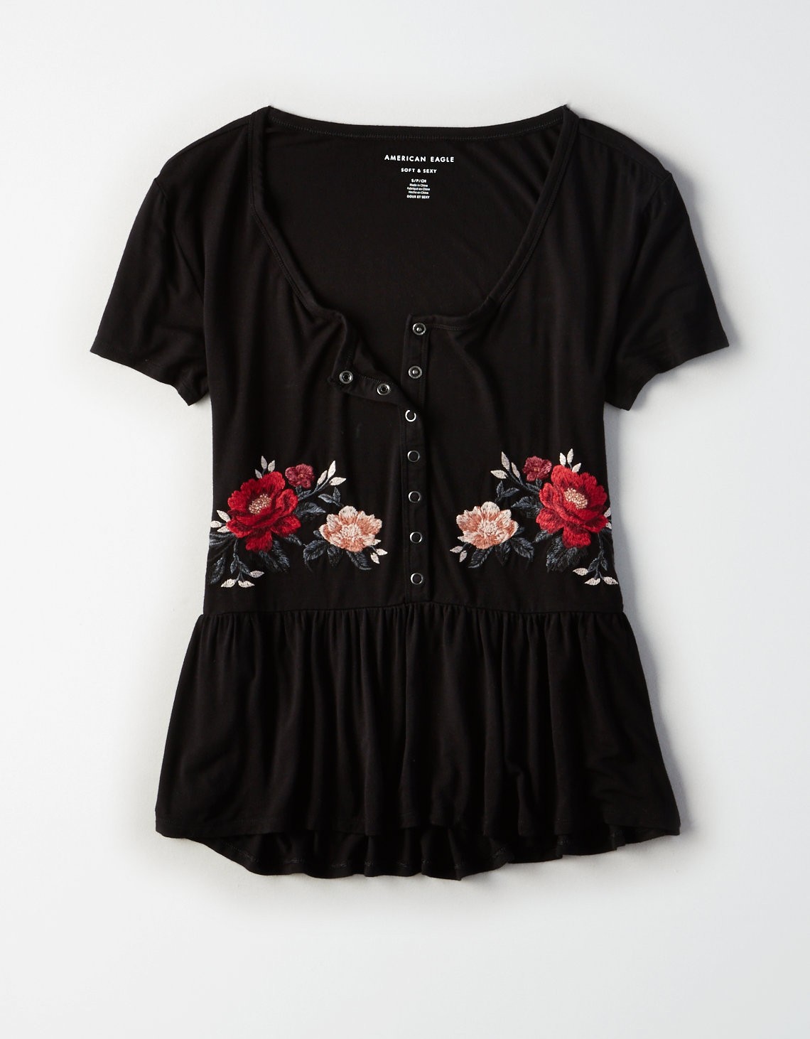 AE Soft & Sexy Oversized Henley T-Shirt, True Black | American Eagle Outfitters (US & CA)