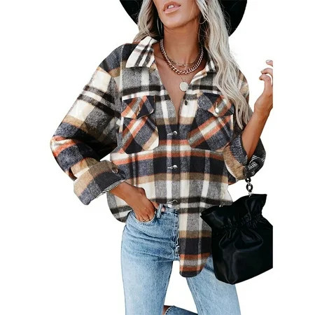 TMGONE Women s Brushed Plaid Shirts Long Sleeve Flannel Lapel Button Down Pocketed Shacket Flannel J | Walmart (US)