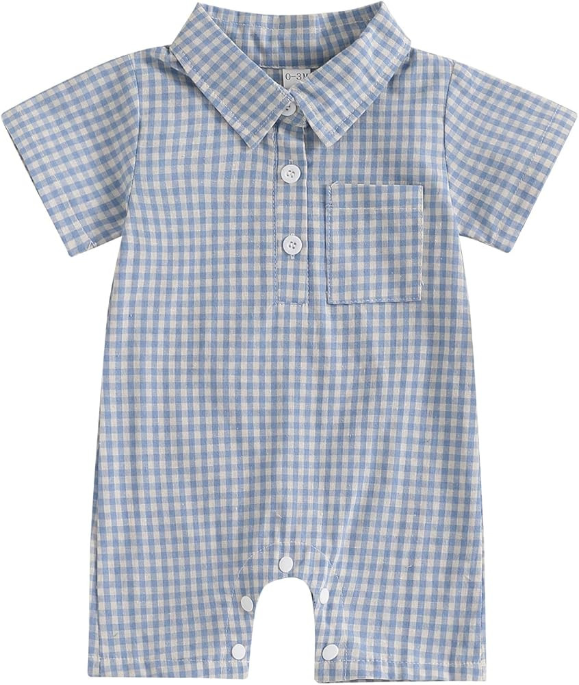 Karuedoo Newborn Baby Boy Clothes Gingham Polo Short Sleeve Romper Jumpsuit Plaid Button Down Col... | Amazon (US)