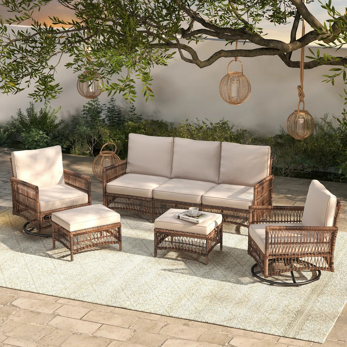 Ashjian Outdoor Wicker Patio Set with Fire Pit Table & Swivel Chairs | Wayfair North America