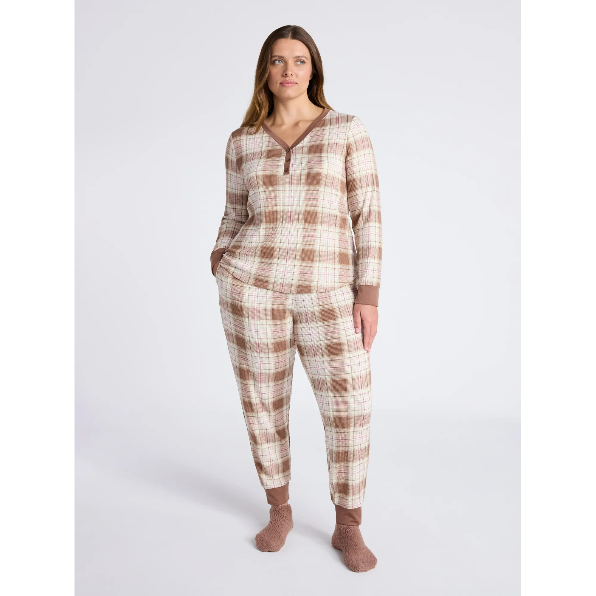Joyspun Women's Waffle Knit Henley Sleep Top, Joggers and Socks Pajama Set, 3-Piece, Sizes XS-3X | Walmart (US)