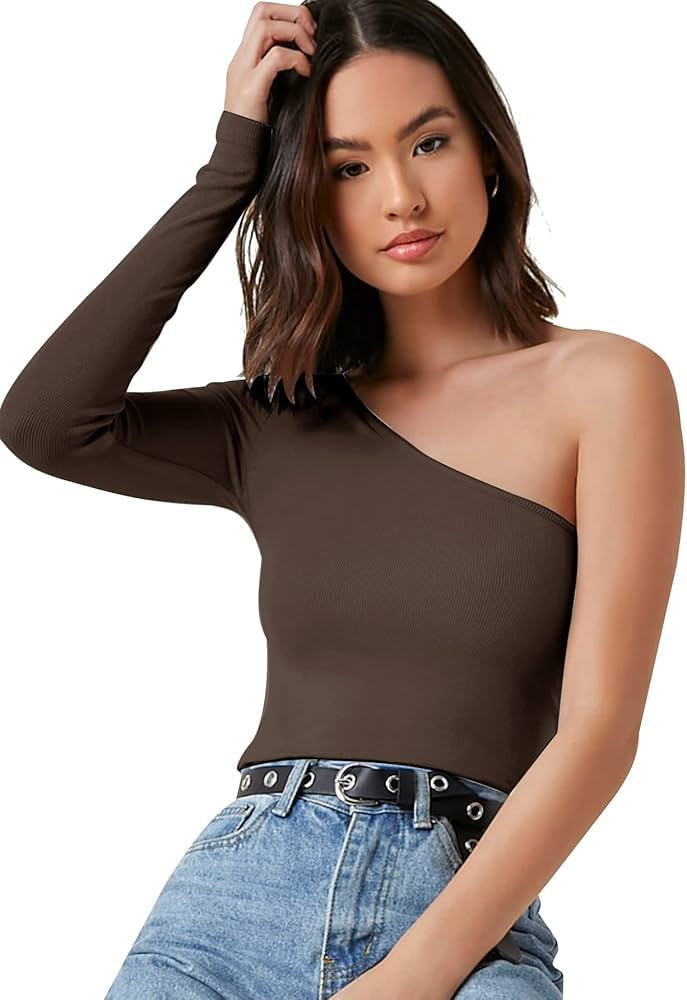 Floerns Women's Causal One Shoulder Long Sleeve Rib Knit T-Shirts Tee Tops | Amazon (US)