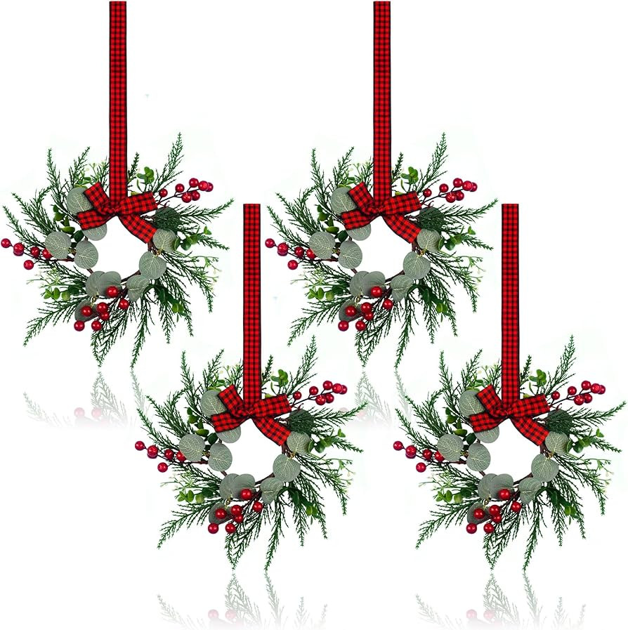 4Pcs Christmas Wreath, 10 Inch Mini Wreaths for Kitchen Cabinets, Christmas Door Wreath, Small Ch... | Amazon (US)