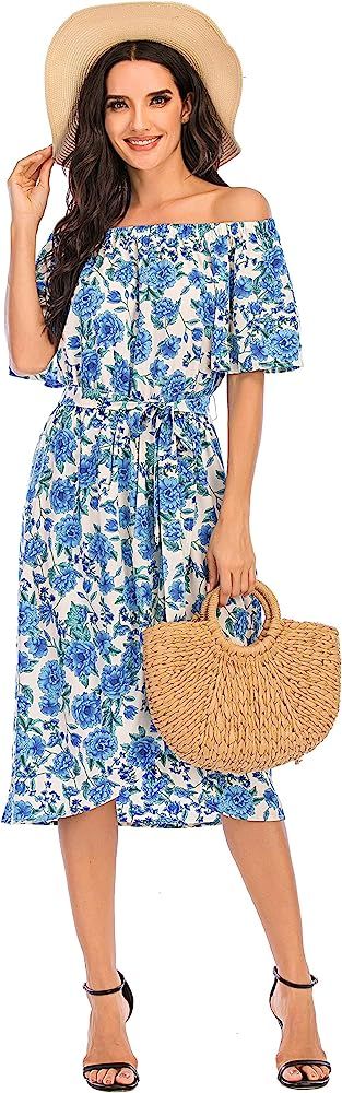 Women's Summer Off The Shoulder Short Sleeve Sexy Wrap Split Floral Midi Dress Plus Size | Amazon (US)
