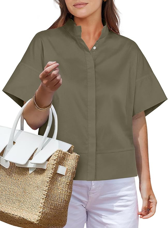 ANRABESS Women Short Sleeve Button Down Cropped Shirts Oversized Boxy Loose Fit Dressy Business C... | Amazon (US)