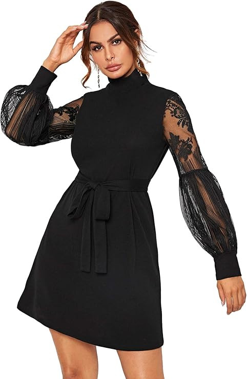 Romwe Women's Mesh Bishop Sleeve Mock Neck Solid Tunic Elegant Short Dress | Amazon (US)