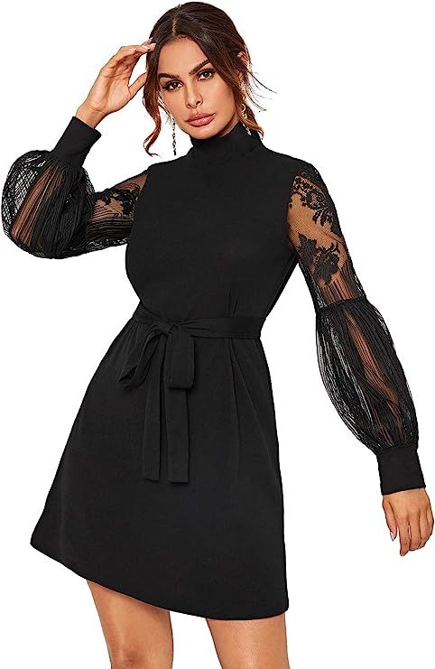 Romwe Women's Mesh Bishop Sleeve Mock Neck Solid Tunic Elegant Short Dress | Amazon (US)