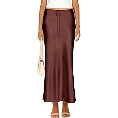 Womens Satin Silk Maxi Skirts Drawstring Flared Casual A-Line Long Skirt for Women | Amazon (US)