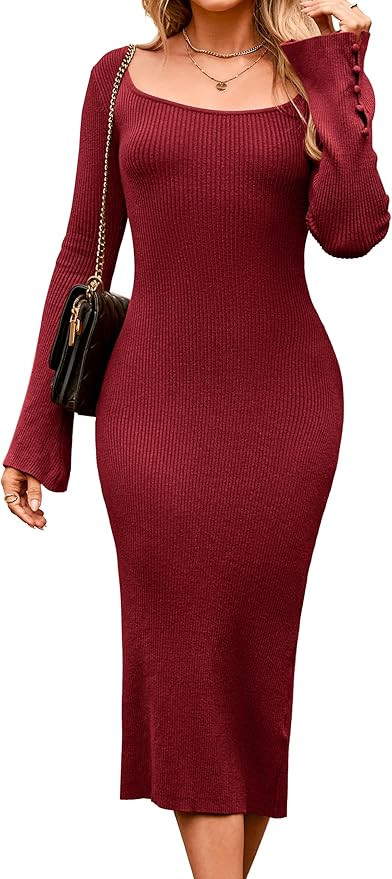 Simplee Womens Long Sleeve Bodycon Fall Sweater Dress Square Neck Slit Ribbed Knit Slim Fit Midi ... | Amazon (US)