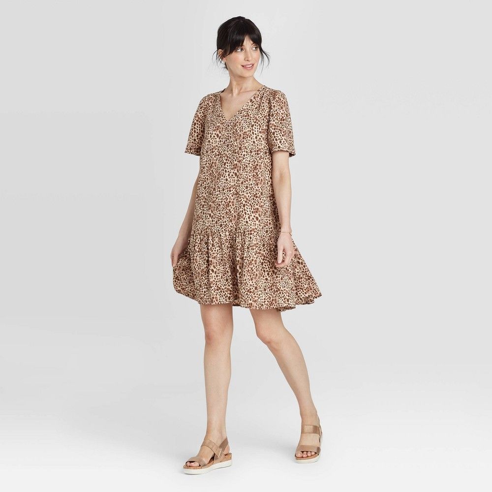 Women's Leopard Print Short Sleeve Ruffle Hem Dress - A New Day Brown XL | Target