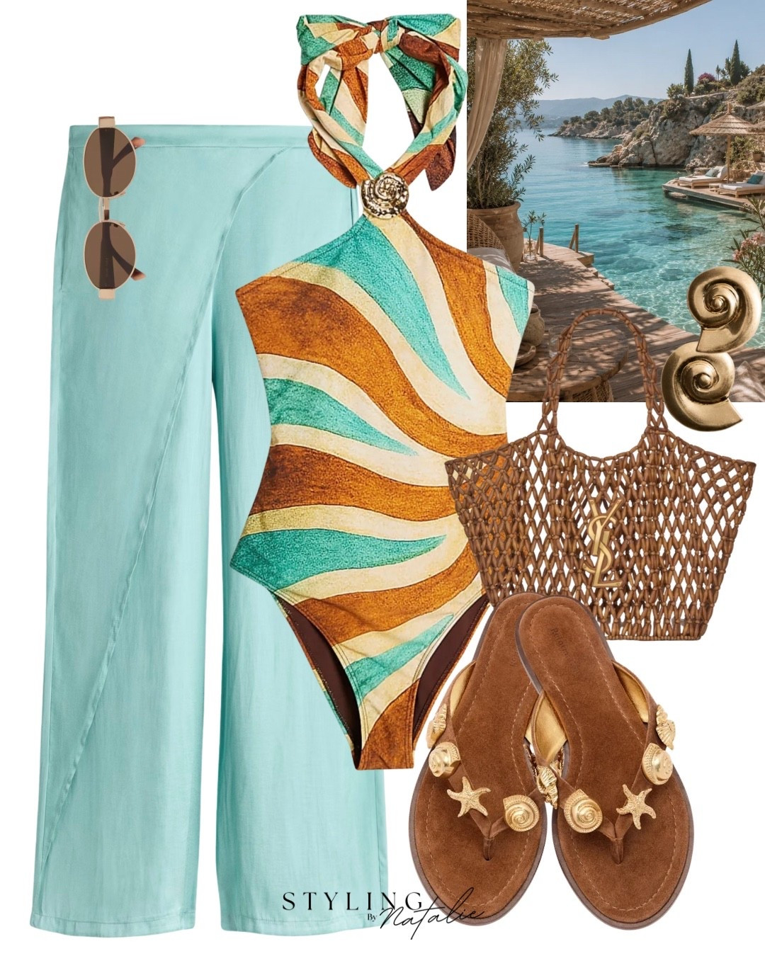 Beach club chic ✨🌊🐚
Halterneck swimsuit, turquoise wrap detail satin trousers, beaded tote bag, suede thong sandals with gold seashell hardware, seashell earrings and Celine sunglasses. 

Beach wear outfit, swimwear, holiday outfit, vacation, summer style, st tropez, Ibiza, Balearic beach club, high street style. @Reformation

#LTKsummer #LTKswimwear #LTKeurope