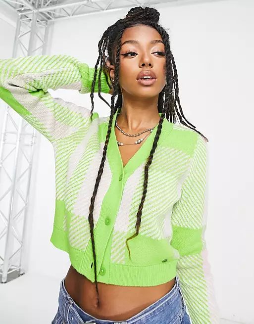 Noisy May cropped cardigan in green plaid | ASOS (Global)
