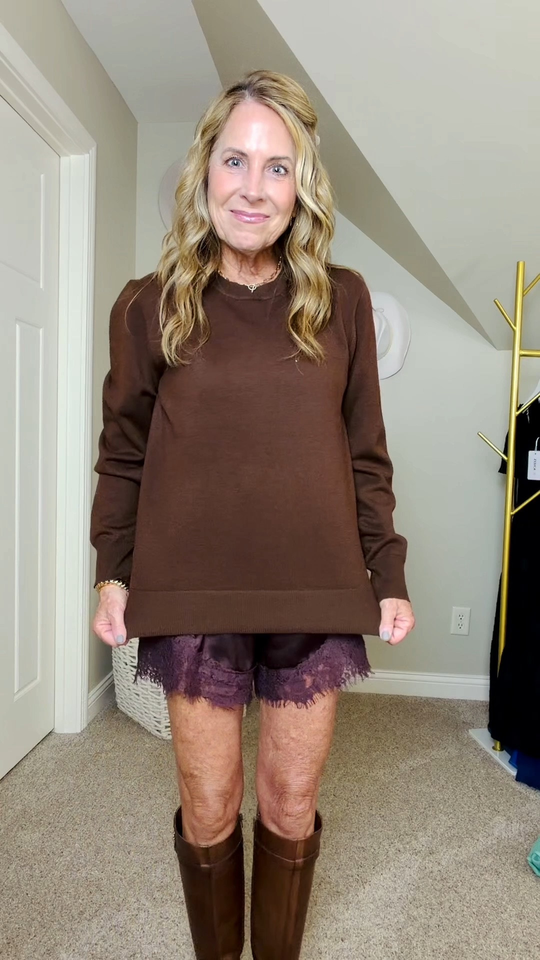 I’m already thinking ahead to Thanksgiving outfits and this may be mine!￼

The sweater is a size medium, but I just ordered it in a large and I’m going to return this one.
The shorts are a size small! 
The camera makes this look like they’re a little bit of a purple shade, but they’re really a pretty brown!￼