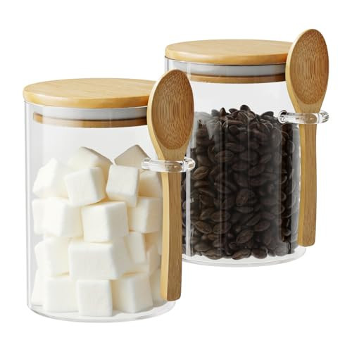 Glass Sugar Container with Spoon - 2 Pack 15oz Glass Jars with Bamboo Lid and Spoon, Bamboo Lid Storage Jar Canister for Coffee Beans, Spice, Brown Sugar, Tea, Flour, Nuts, Candy, Salts and More | Amazon (US)