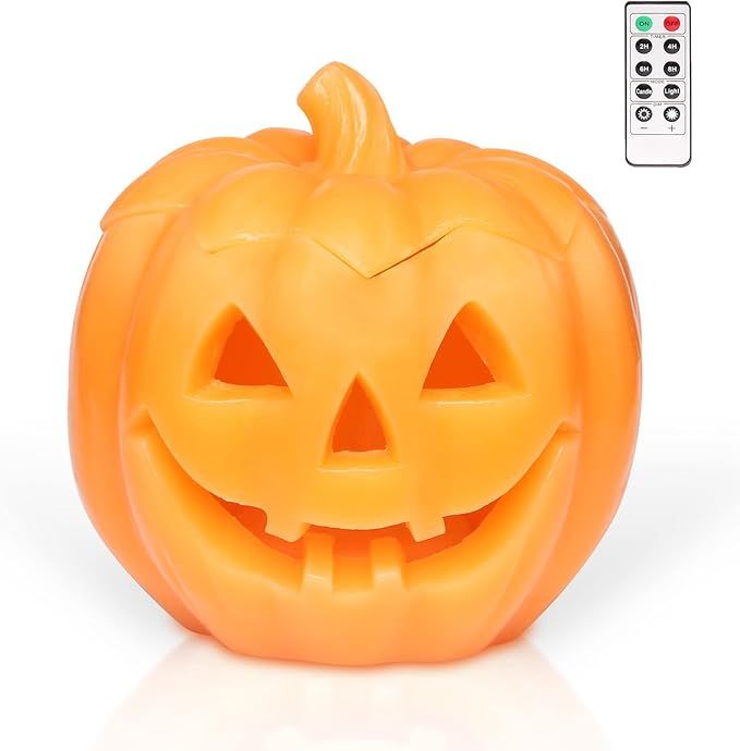 Halloween Smile Lighted Pumpkin with 10-Key Remote, Pumpkin Shaped Flameless Real Wax Flickering ... | Amazon (US)