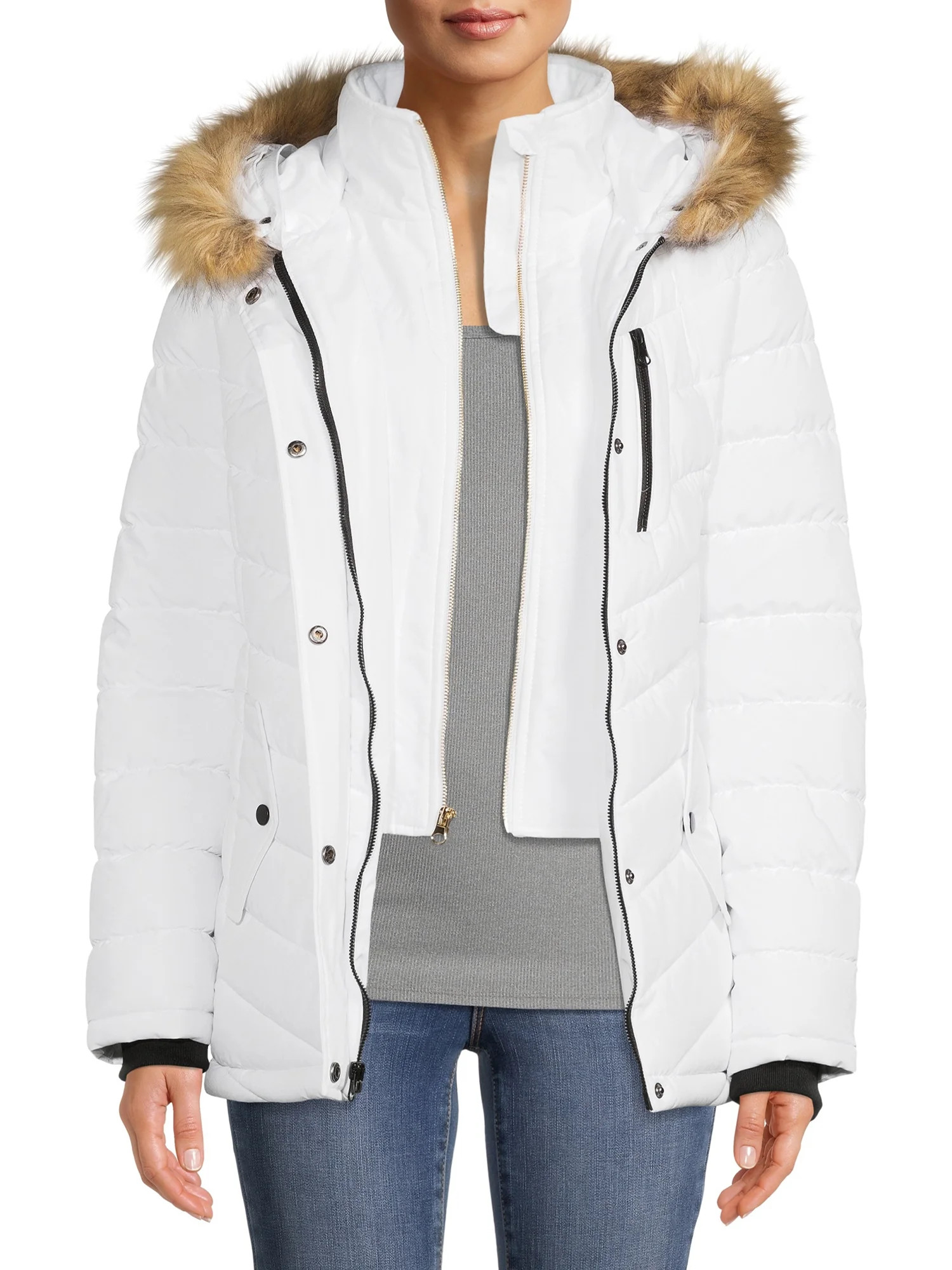 Swiss Tech Women's and Plus Bibbed Solarball Puffer Coat with Faux Fur Trimmed Hood - Walmart.com | Walmart (US)