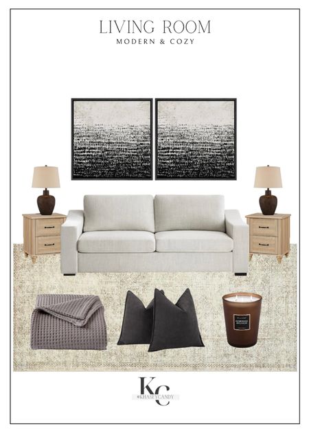 Modern and cozy, living room design. 






Modern artwork, neutral artwork, cozy couch, neutral couch, side table lamps, neutral area rug, living room decor, living room rug, throw blanket, throw pillows, large candle 

#LTKhome