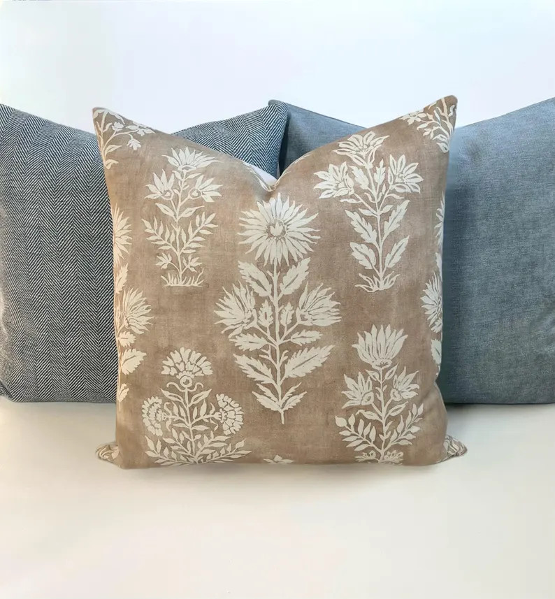Beige and off white stamped floral decorative pillow cover | Etsy (Global)