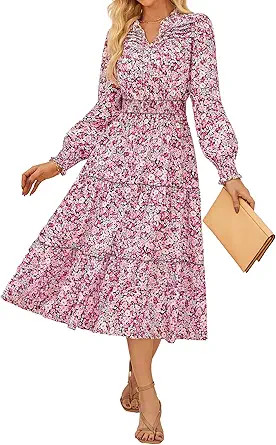 GRACE KARIN 2025 Women's Summer Floral Midi Dress Boho Long Sleeve V Neck Ruffle Casual A Line Fl... | Amazon (US)