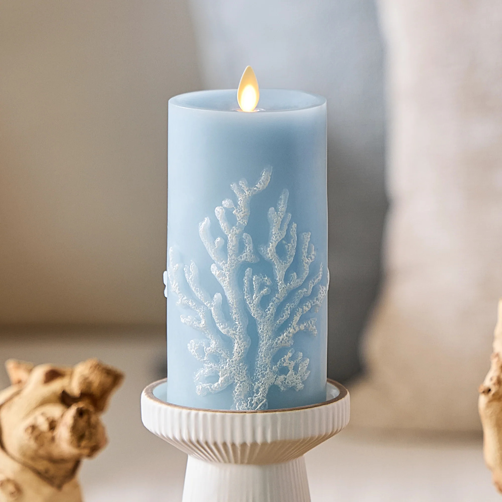 Soft Chambray Embossed Coral Flameless Candle Pillar | Luminara