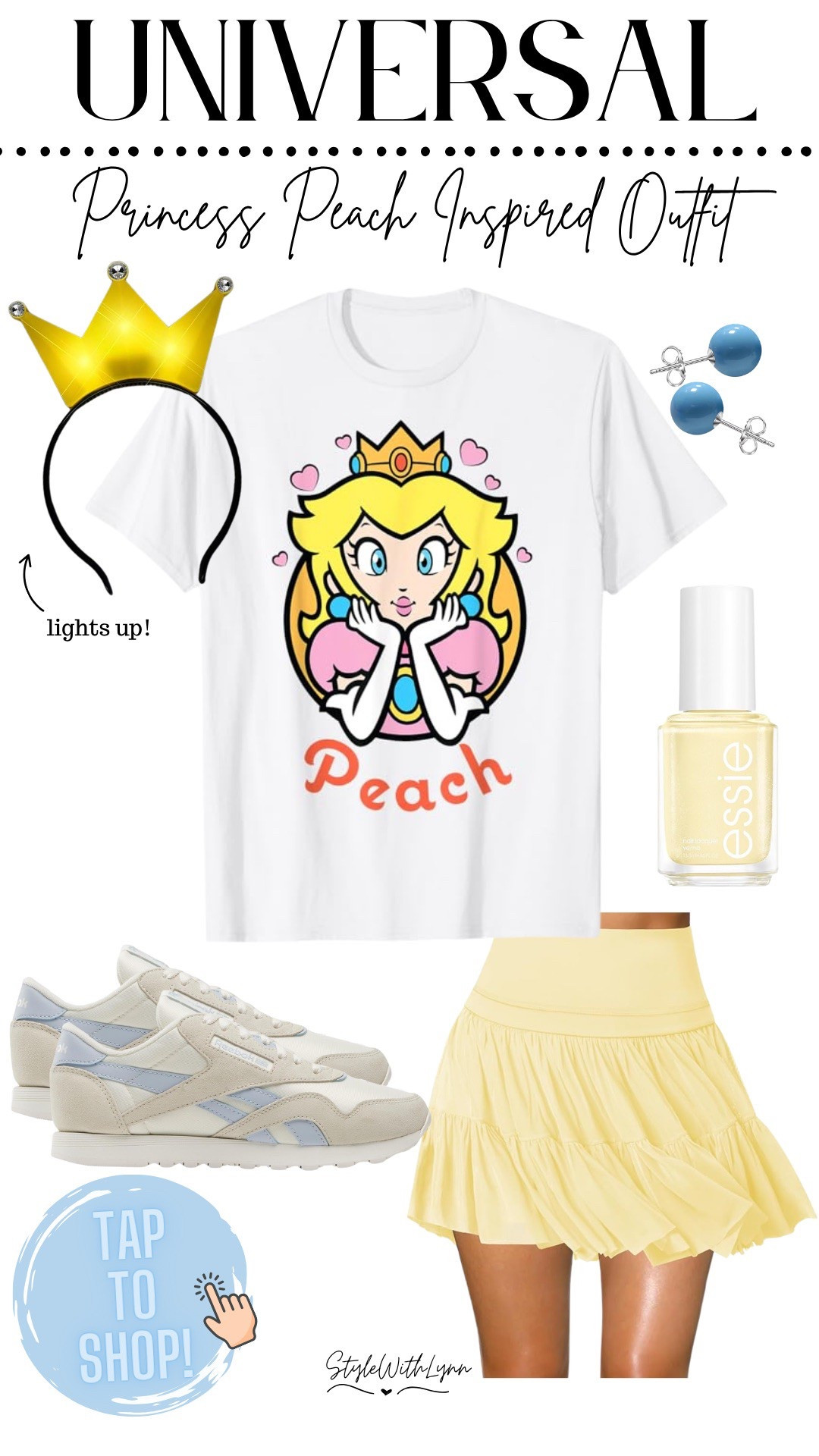 ✨ Level up your style with this Princess Peach-inspired outfit for your trip to Epic Universe! 

- A Princess Peach T-shirt for royal vibes  
- A butter yellow skort for that effortless, regal charm  
- A light-up crown to shine like the Mushroom Kingdom’s princess  
- Reebok sneakers for comfy adventuring  

🏰 Whether you're posing in Peach’s Castle or racing through epic attractions, this look is a must-have! Shop now and step into Peach’s world! 🍑✨  

#PrincessPeach #EpicUniverse #NintendoStyle #ThemeParkFashion #MushroomKingdom #CosplayVibes #ShopTheLook  


#LTKFindsUnder50 #LTKTravel #LTKStyleTip