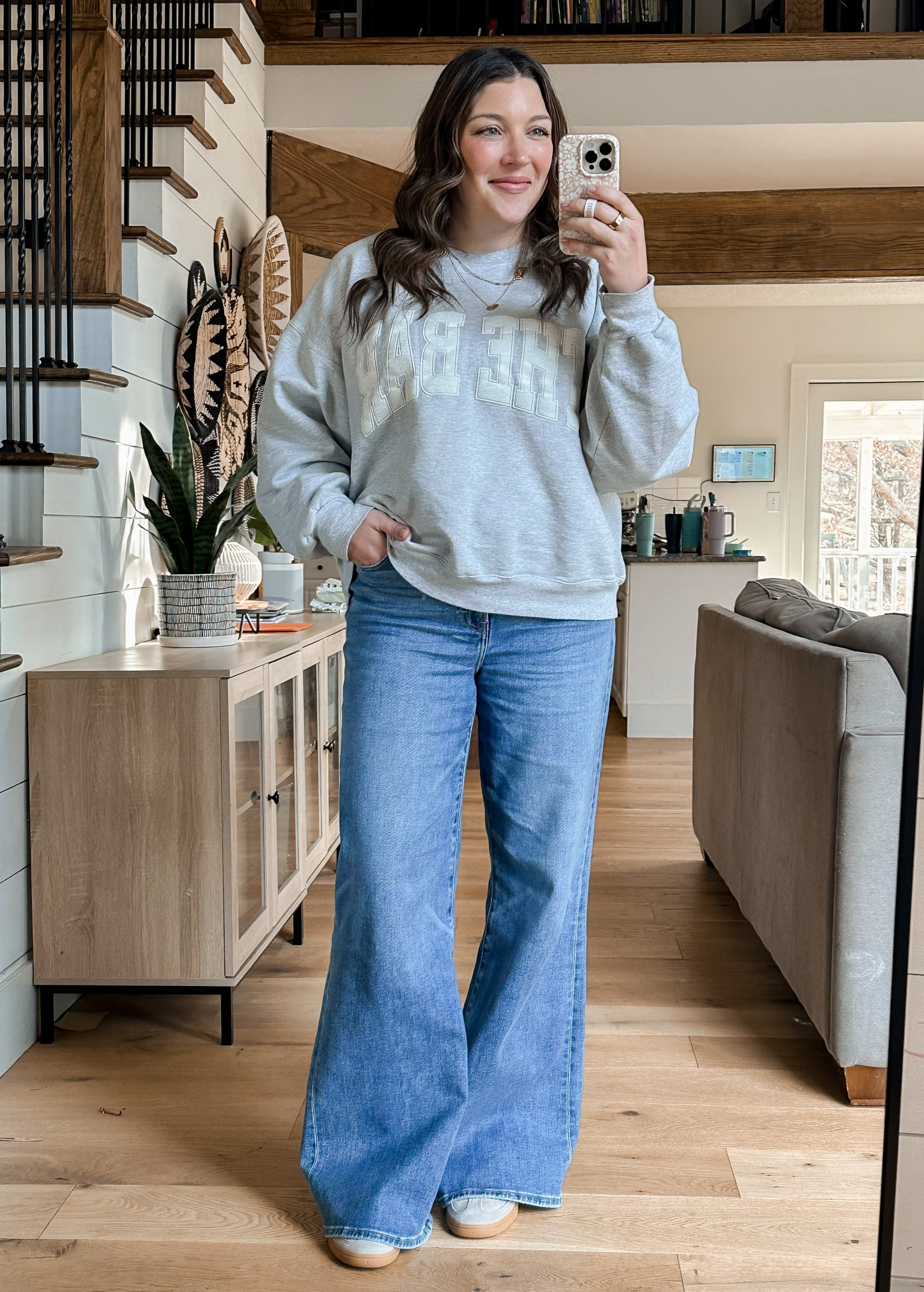 What I wore to volleyball 🏐 

These wide leg jeans are my freaking fave jeans and so comfortable! True to size, very stretchy. Talk girl friendly! I’m 5’7 with long legs and I could prob take an inch off the hem. (Size 13)
Use code: CHANGEOFPLANS40

Sweatshirt (XL)- I sized up one and it shrunk a little length wise 

#LTKSaleAlert #LTKMidsize