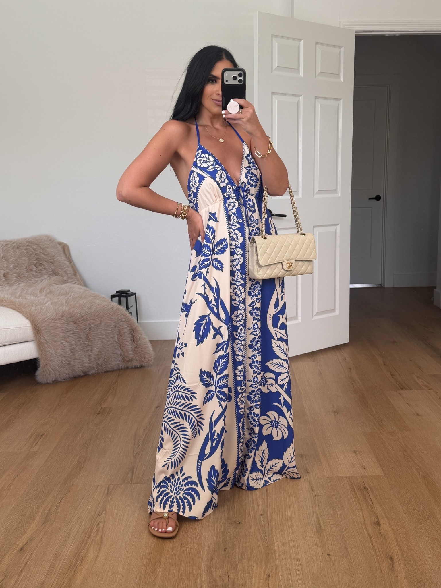 Women's Summer Tropical Floral Halter Maxi Dress wearing size medium. 