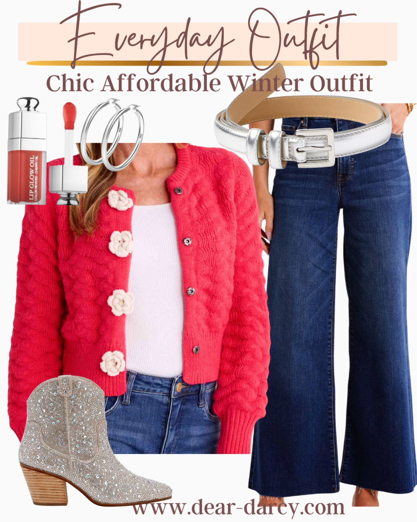 Everyday winter outfit

Darling sweater with flower buttons tts

Great fitting dark denim jeans 

Silver hoops Amazon find
Metallic silver belt on sale

Dior lip glass 

Bling booties 

Cute for Valentine’s Day or date nightt

#LTKSaleAlert #LTKStyleTip #LTKOver40