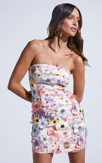 Wren Mini Dress - Strapless Bodycon Garden Flowers Dress in Pink | Showpo (US, UK & Europe)