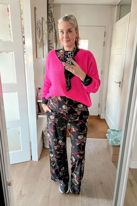 Ootd - Sunday. A printed matching set consisting of a blouse and wide legged trousers (full set is from Norah and cannot be linked). Paired with a bright pink jumper that I bought in France. Adidas trainers. 

#LTKgift 

#LTKstyletip #LTKmidsize #LTKover40
